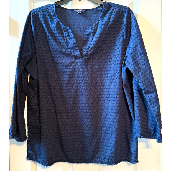 NYDJ Womens Size XL Fray Edge Long Sleeve Popover Top Deep Navy Blue Boho Prep - Picture 1 of 8
